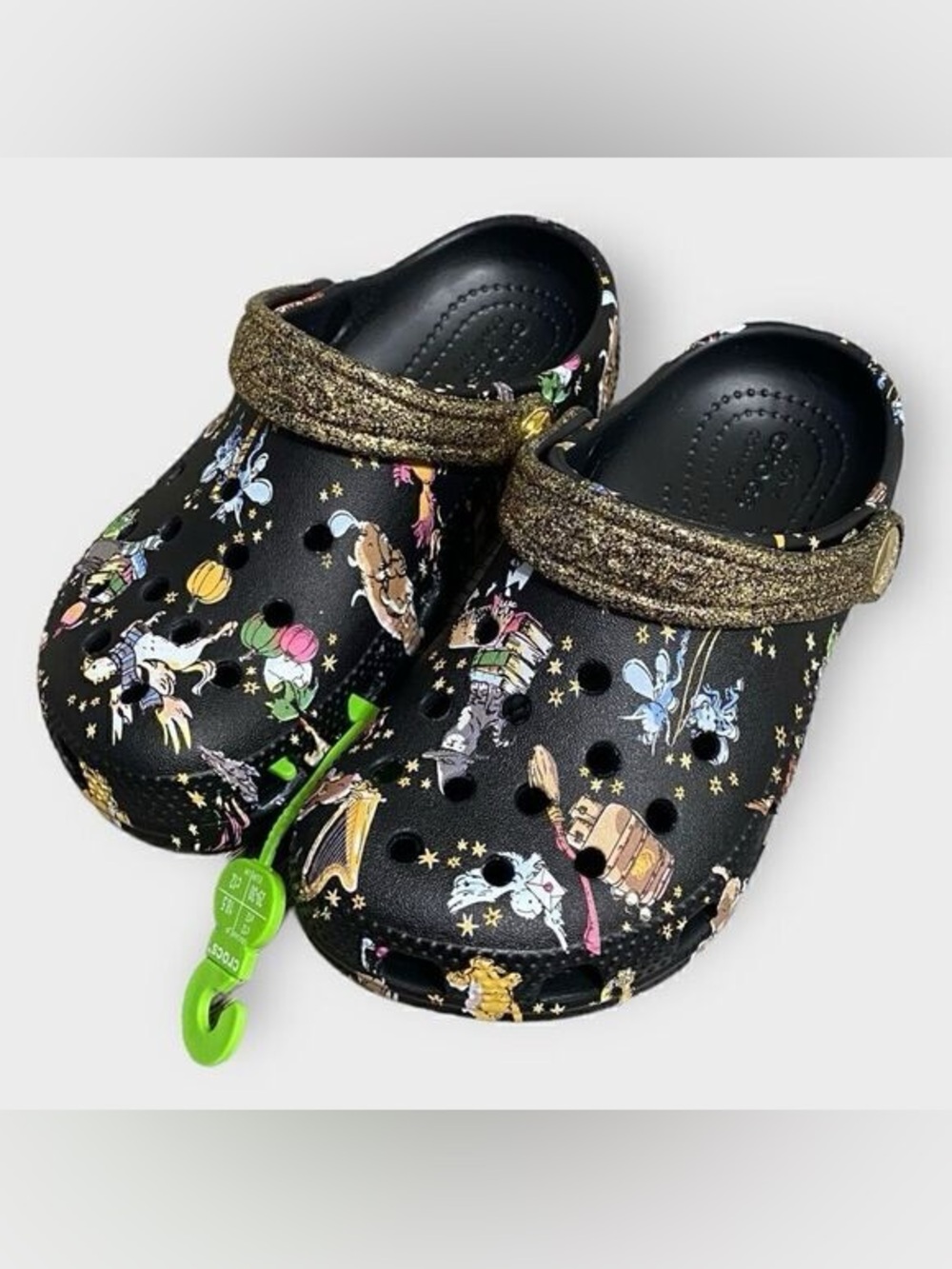 CROCS Black Glitter-Trim Character Print Clogs